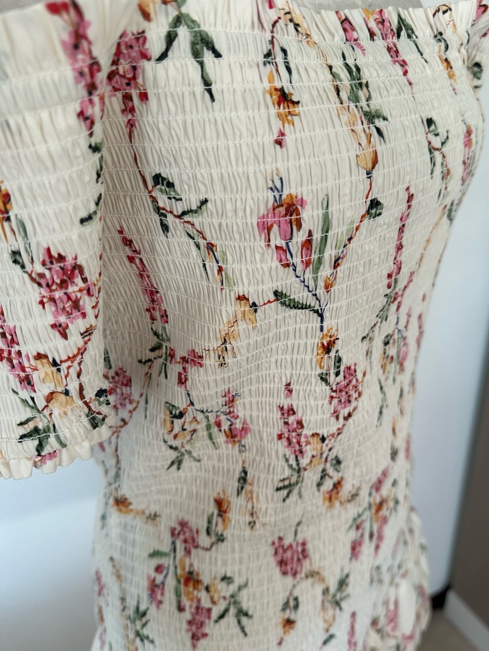 Floral Smocked Off Shoulder Bubble Hem Mini Dress Cottagecore Boho Summer Flirty - Picture 4 of 15